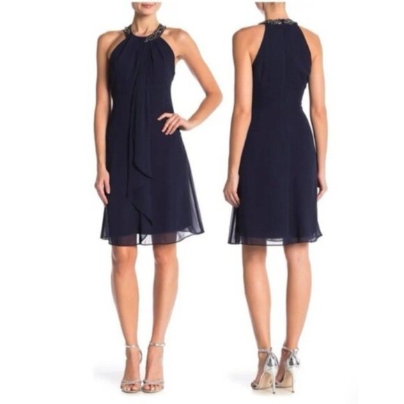 SLNY Evenings 14 Dress Blue Crystal Crew Neck Wedding Cruise Party Event NEW - Picture 1 of 13